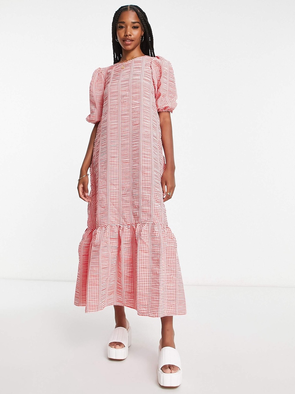 ASOS Design Tall Red Gingham Puff Sleeve Tiered Maxi Dress US 6